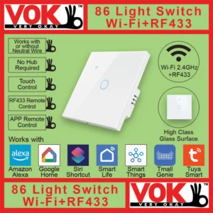 VOK-1004ww1-Smart Wi-Fi RF433 1 Gang White Light Switch 86-EU-UK Borderless Glass with LED Indicator