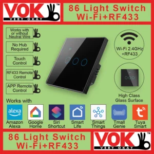 VOK-1006wb3-Smart Wi-Fi RF433 3 Gang Black Light Switch 86-EU-UK Borderless Glass with LED Indicator