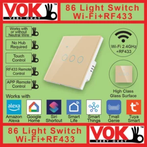 VOK-1006wg3-Smart Wi-Fi RF433 3 Gang Gold Light Switch 86-EU-UK Borderless Glass with LED Indicator