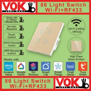 VOK-1007wg4-Smart Wi-Fi RF433 4 Gang Gold Light Switch 86-EU-UK Borderless Glass with LED Indicator