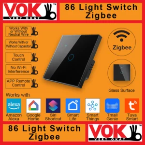 VOK-1008zb1-Smart Zigbee 1 Gang Black Light Switch 86-EU-UK Borderless Glass with LED Indicator