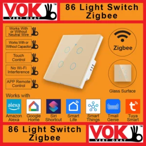 VOK-1011zg4-Smart Zigbee 4 Gang Gold Light Switch 86-EU-UK Borderless Glass with LED Indicator