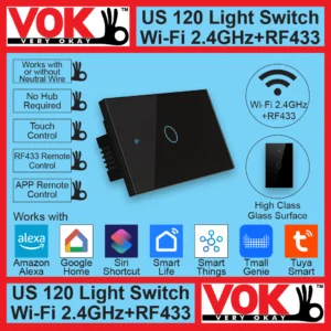 VOK-1012-120wb1-Smart Wi-Fi RF433 1 Gang Black Light Switch US 120 Borderless Glass with LED Indicator