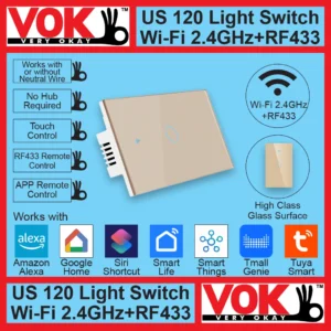 VOK-1012-120wg1-Smart Wi-Fi RF433 1 Gang Gold Light Switch US 120 Borderless Glass with LED Indicator