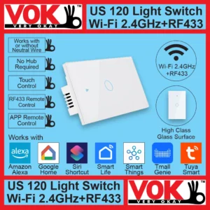 VOK-1012-120ww1-Smart Wi-Fi RF433 1 Gang White Light Switch US 120 Borderless Glass with LED Indicator