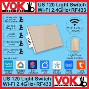 VOK-1013-120wg2-Smart Wi-Fi RF433 2 Gang Gold Light Switch US 120 Borderless Glass with LED Indicator