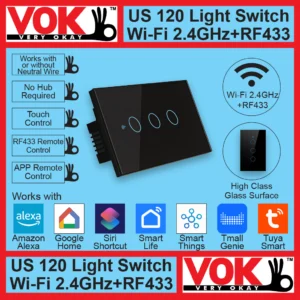 VOK-1014-120wb3-Smart Wi-Fi RF433 3 Gang Black Light Switch US 120 Borderless Glass with LED Indicator