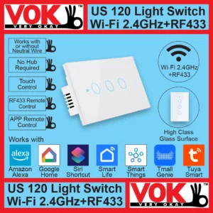 VOK-1014-120ww3-Smart Wi-Fi RF433 3 Gang White Light Switch US 120 Borderless Glass with LED Indicator