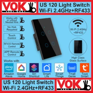 VOK-1015-120wb4-Smart Wi-Fi RF433 4 Gang Black Light Switch US 120 Borderless Glass with LED Indicator