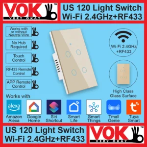 VOK-1015-120wg4-Smart Wi-Fi RF433 4 Gang Gold Light Switch US 120 Borderless Glass with LED Indicator