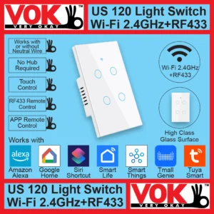 VOK-1015-120ww4-Smart Wi-Fi RF433 4 Gang White Light Switch US 120 Borderless Glass with LED Indicator